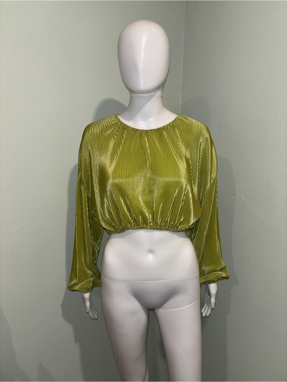 12th Tribe Green Long Sleeve Accordion Pleated Crop Top - Small